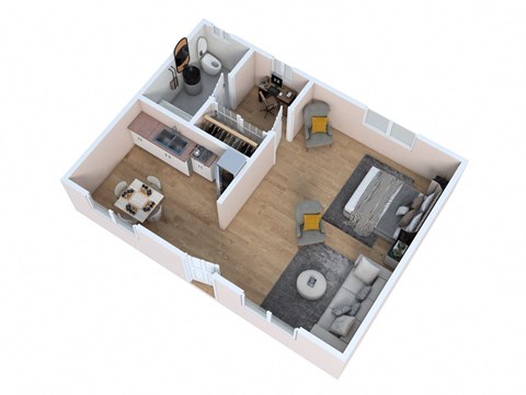 a 3d floor plan of a home with a bedroom and living room